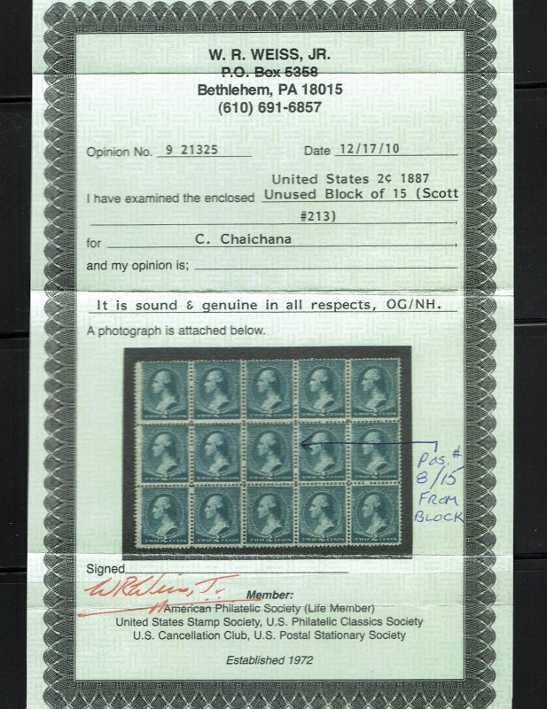 Scott #213 Fine-OG-NH. With 2010 Weiss certificate. SCV - $120.00