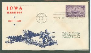 US 838 1938 3c iowa territory centennial on an addressed, typed fdc with a hobby craft cachet