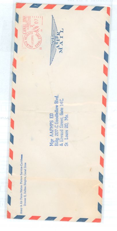 Canal Zone  Army & AirForce motion picture service, Canal Zone to St. Louis cover, neat hem, 1961