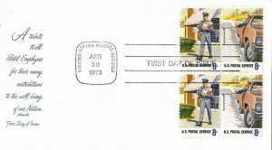 1973 FDC, #1489-1498, 8c Postal Employees, Artmaster (3), block of 4