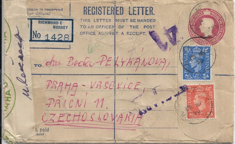 Richmond, Surrey, England to Prague, Czeckoslovakia 1950 Registered... (49862)