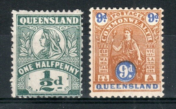 Australia - Queensland 1890 1/2d Queen Victoria and 1906 9d SG 262a, 284 MH
