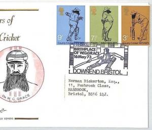 GB FDC 1973 CRICKET *Downend Bristol* W.G.Grace POSTMARK First Day Cover BM356