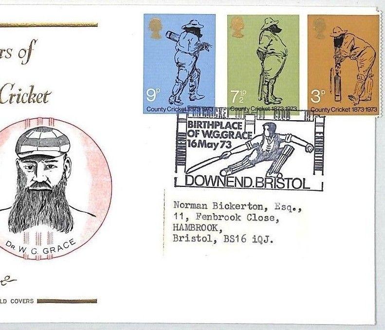 GB FDC 1973 CRICKET *Downend Bristol* W.G.Grace POSTMARK First Day Cover BM356