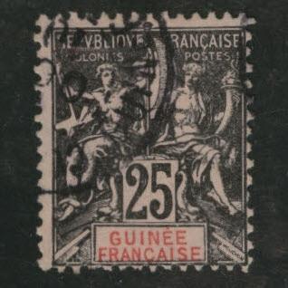 FRENCH GUINEA Scott 10 issued in 1892, 25c blk on rose CV $8