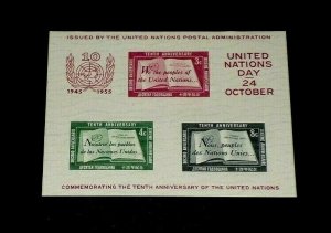 U.N. 1955, NEW YORK #38, U.N. CHARTER, 1st PRINT, MH, SOUVENIR SHEET, NICE! LQQK