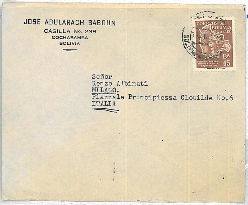 FOLKLORE - POSTAL HISTORY  BOLIVIA : COVER to ITALY 1955