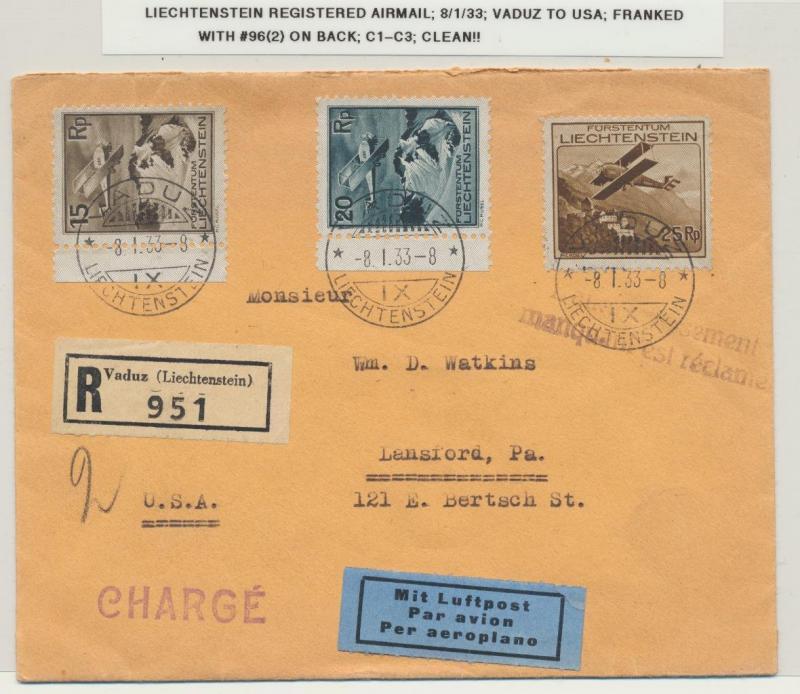 LIECHTENSTEIN 1933 REG. AIRMAIL COVER VADUZ TO USA, Sc#C1-3+96 ON REV(SEE BELOW