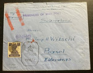 1943 Dehra Dun India POW Prisoner Of War Camp airmail Cover to Basel Switzerland