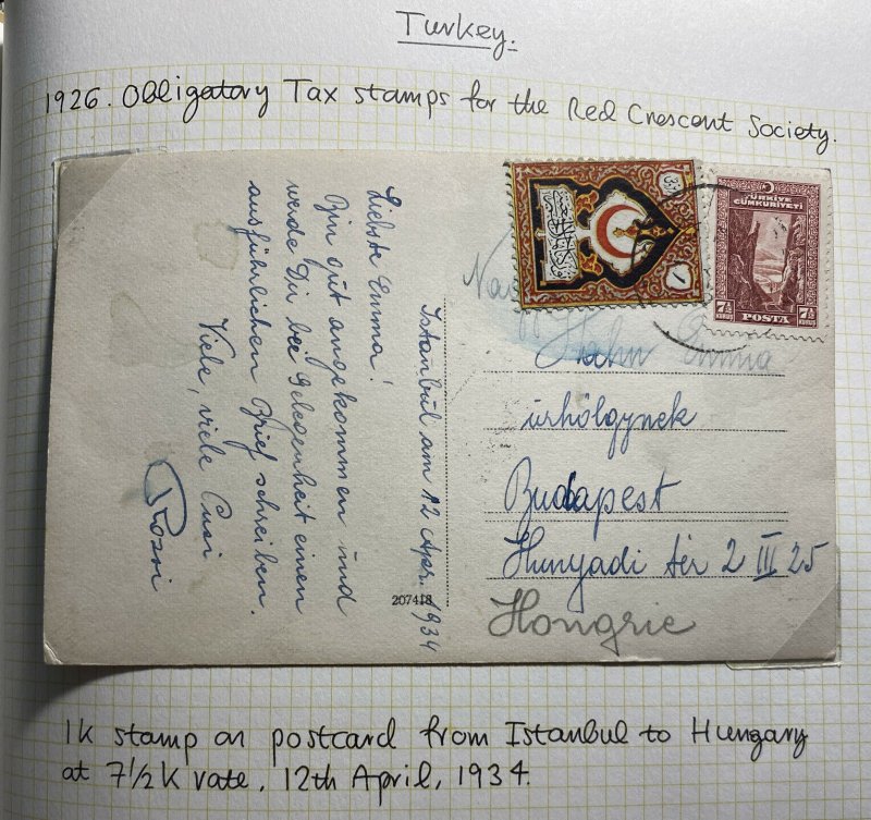 1934 Istanbul Turkey RPPC Postcard Cover To Budapest Hungary Tax Stamp