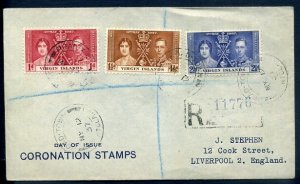 Virgin Islands 1937 Coronation set pre printed registered cover to United Kin...