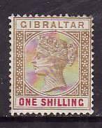 Gibraltar-Sc#21- id10-unused hinged 1sh QV-1898-please note rainbow  colouring a