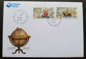 Faroe Islands EUROPA CEPT Discovery Of America 1992 Ship Map Sailboat (FDC)