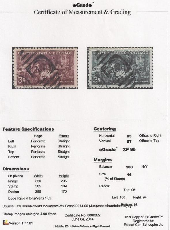949 3 cent Doctors Stamp used EGRADED XF-SUPERB 95 XXF