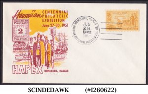 UNITED STATES 1951 HAPEX HAWAIIAN CENNTENIAL PHILATELIC EXH. COVER WITH CANCL.