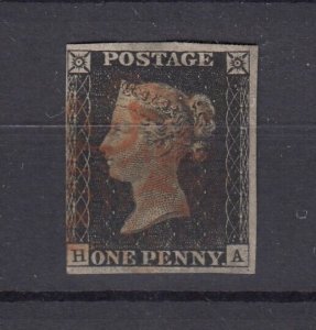 GB QV 1840 1d Penny Black SG2 Fine Used 3 Margin BP6043