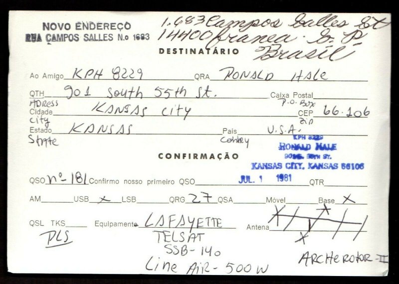 QSL QSO RADIO CARD Luiz Granero,Splach, Brazil (Q3877)