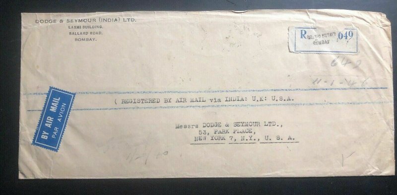 1946 Bombay India Commercial Airmail Cover To Dodge & Seymour New York USA