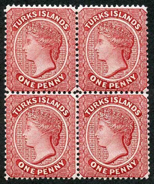 TURKS ISLANDS SG62 1d Crimson-lake Wmk Crown CA Perf 14 M/Mint Block