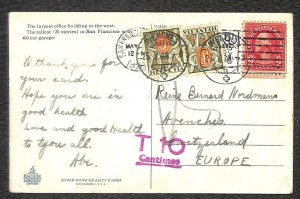 SAN FRANCISCO CALIFORNIA TO SWITZERLAND POSTAGE DUE STAMPS POSTCARD 1928