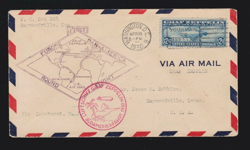 US C15 Grad Zeppelin Airmail on Flown First Day Cover to Raymondville ...