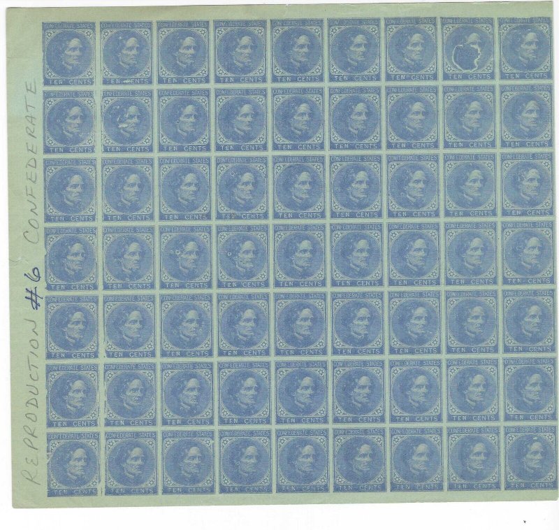 Confederate 10C Jeff Davis ALTERED PLATE REPRINT PART SHEET with BLOB on stamp