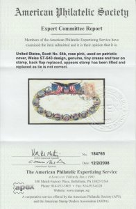 US Sc 64b used 3c rose pink Washington on 1861 Patriotic Cover, Cert.