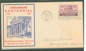 US 782 1936 3c Arkansas Statehood Centennial single on an addressed, pencil, FDC with an Unknown Cachet