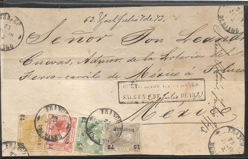 dup.J) 1872 MEXICO, IMPERFORATED, 100 CENTS GRAY LILA, SALTILLO, IN COMBIN