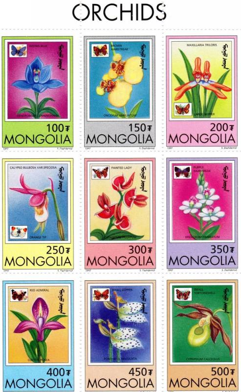 Mongolia 1997 Sc#2269/2279 Butterflies-Orchids Sheetlet (9) + 2 S/S MNH