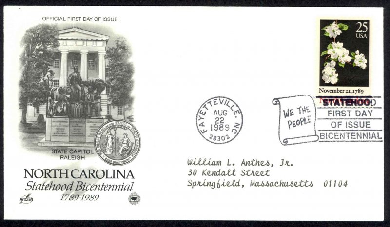 USA 2347 ArtCraft FDC (c) Fayetteville,NC 1989 8.22 North Carolina Statehood 200