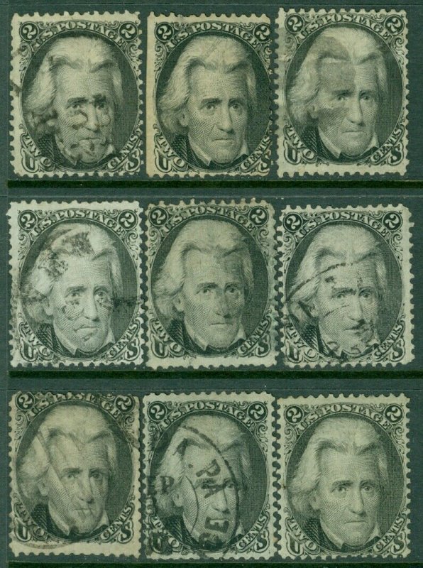 EDW1949SELL : USA 1863 Sc #73. 9 stamps Used w/ light cancels. Pretty. Cat $585.