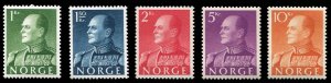 Norway #370-374 Cat$67, 1959 King Olav, set of five, never hinged