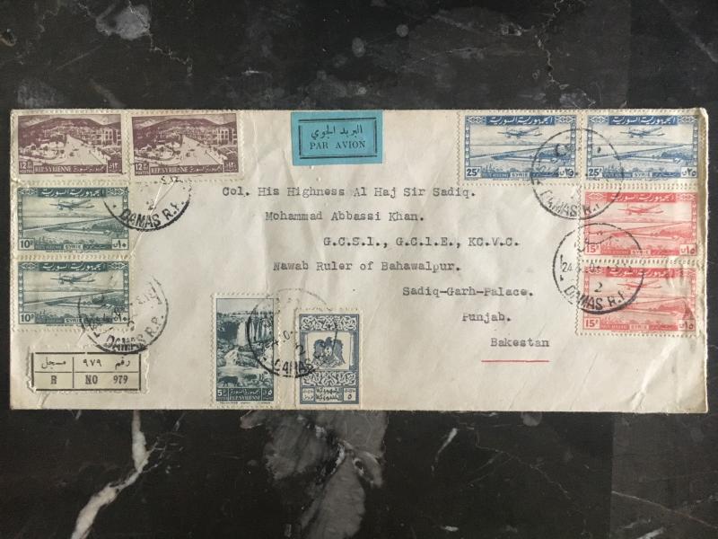 1950 Damascus cover to Punjab Pakistan Airmail Registered