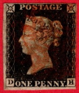 GBR SC #1 U (D,H) 1840 Queen Victoria red cancel 3+ margins CV $375.00