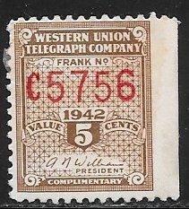 USA 16T106, 5c Western Union 1942, single, H, NG, F-VF