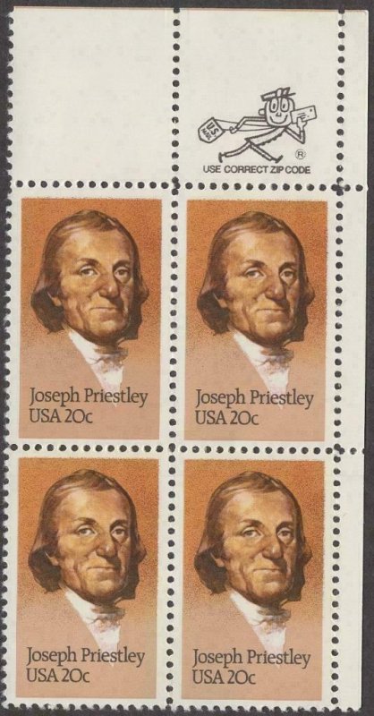 Scott # 2038 - ZIP Block Of 4 - Joseph Priestley -  MNH - 1983