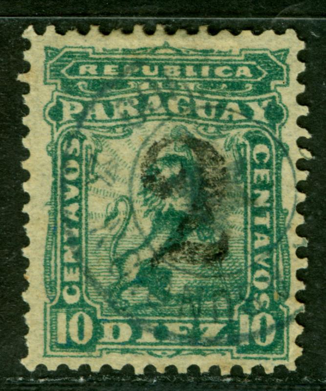 PARAGUAY 1881 LION & CAP  2c on 10c blue green - gray surcharge - Sc# 18 used VF