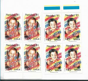 CHILE 1991 CHRISTMAS 91 SET OF 2 VALUES IN BLOCKS OF FOUR MNH