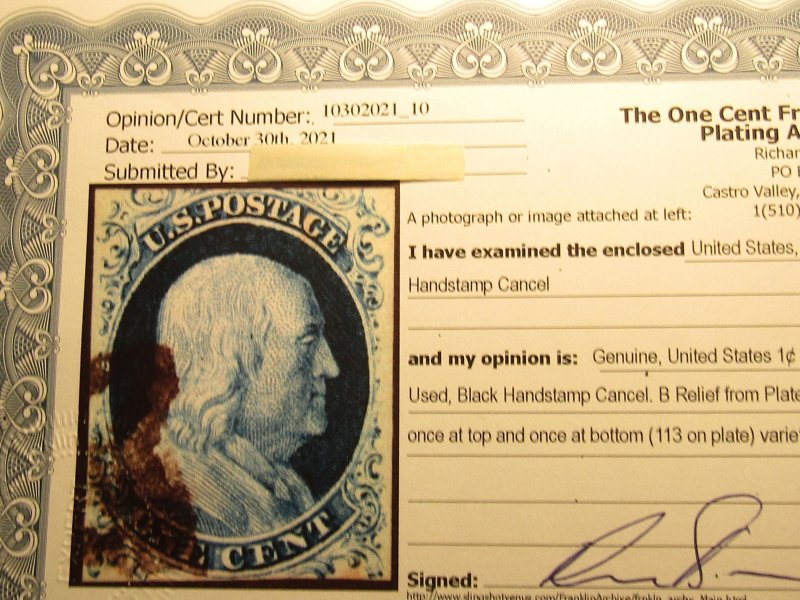 US Stamp #9 Franklin 1c Used 1851, Type IV, SCV $100. w/Certif - See Description