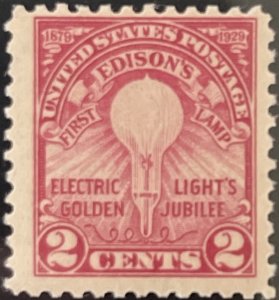 Scott #654 1929 2¢ Edison's First Lamp MNH OG