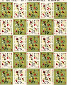 US WX227 Christmas Seals, Full sheet, Missing top tab