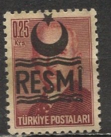 Turkey 1957: Sc. # O24b; Used Type f / Heavy Crescent Single Stamp