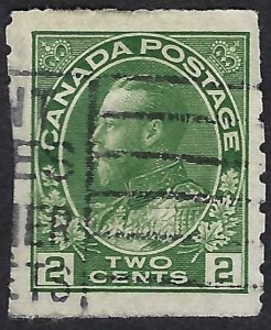 Canada #128 2¢ King George V (1922). Green. Coil. Very fine centering. Used.