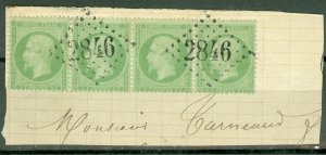 P: France 13 used strip of 4 used on piece, large numeral cancel CV $750