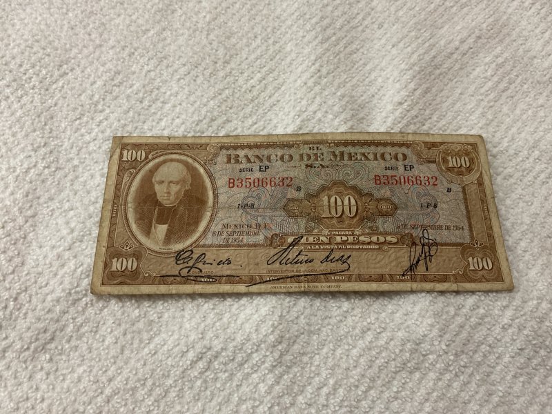 MEXICO-1954-HIDALGO-100 PESOS-.BANKNOTE.VF