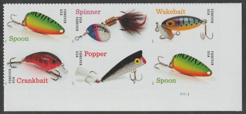 US 5961-5965 5965b Freshwater Fishing Lures F plate block 6 LR MNH 2025