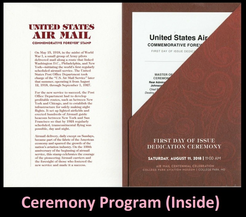 US 5282 Centennial Air Mail Red Ceremony Program FDC 2018