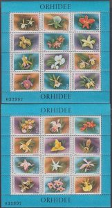 ROMANIA Sc# 3535-6a-l CPL MNH SHEETLETS x 2 of 12 EACH FLORA - ORCHIDS