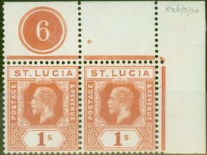 St Lucia 1920 1s Orange-Brown SG86 Fine MNH Pl 6 Corner Pair